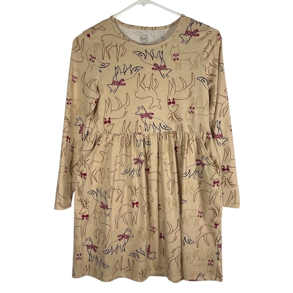 Wonder Nation Girls L 10-12 Plus Reindeer Fox Long Sleeve Pocket Dress Tan